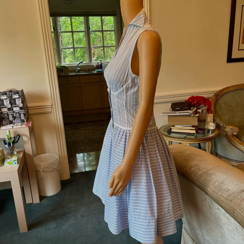 Byron Lars Beauty Mark Blue & White Striped Collared Sleeves Dress w/ Bow Detail - Picture 6 of 7